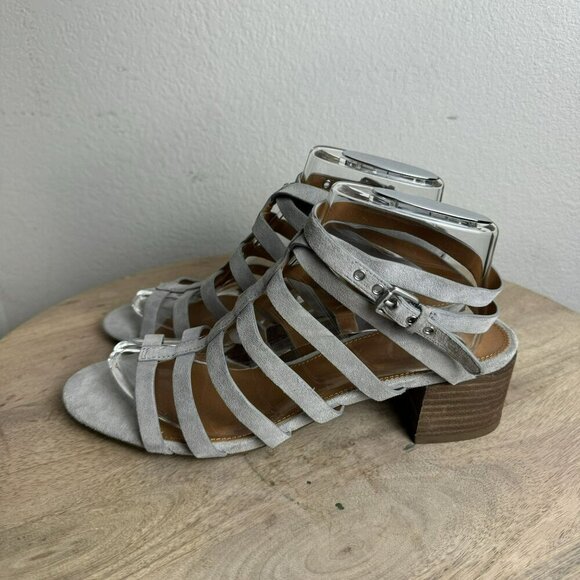 Franco Sarto Finesse Cage strappy Gladiator Sandal Sz‎ 10M Grey Suede Block Heel - Picture 4 of 10